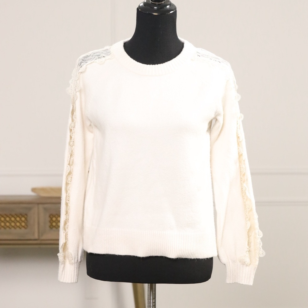 LOFT Cream Sweater with Delicate Lace Trim Sleeves